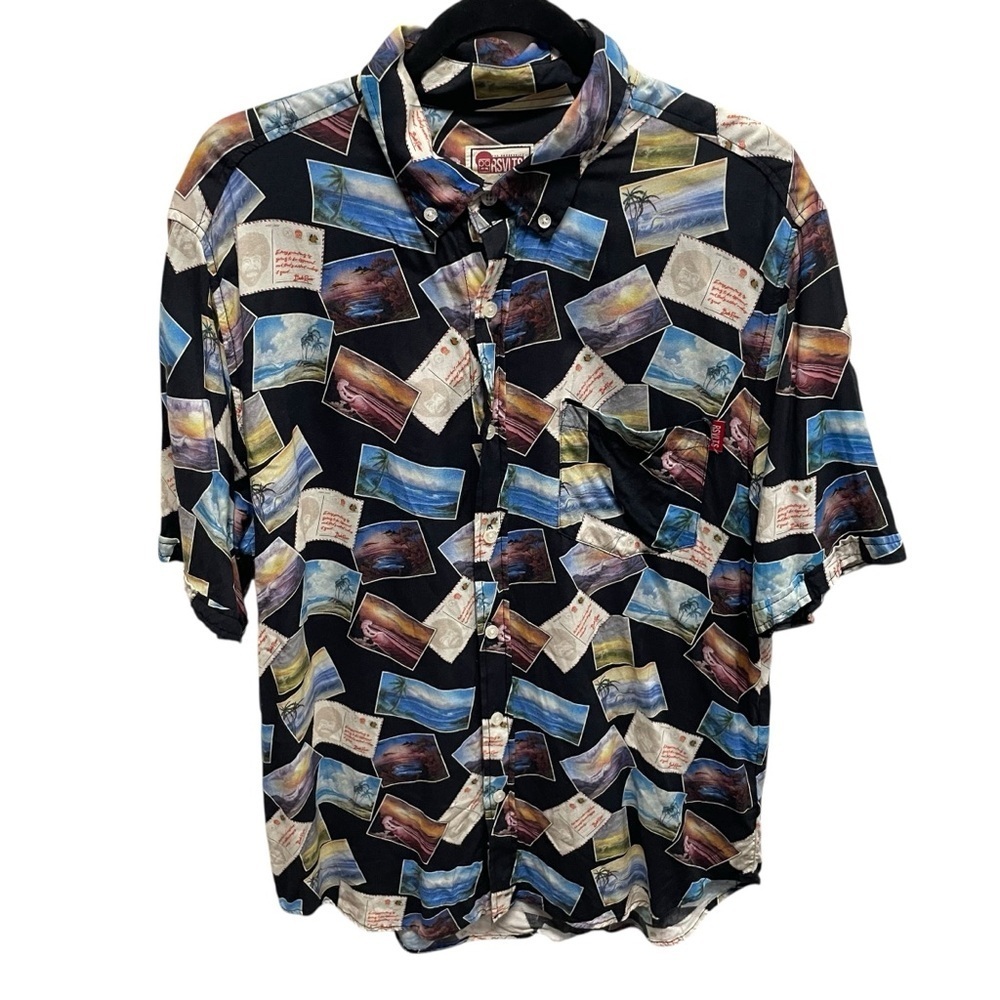 RSVLTS Bob Ross Shirt Black Rayon Postcards Beach Short Sleeve Button Up Large